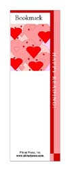 This bookmark depicts multiple hearts in several shades of pink and red.