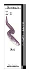 This bookmark depicts the letter E and an eel.
