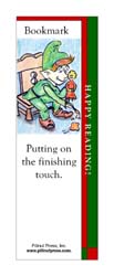 This bookmark depicts Santa's elf putting on a finishing touch of paint.