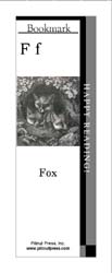 This bookmark depicts the letter F and three foxes.