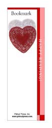 This bookmark depicts lacy hearts in white and red.