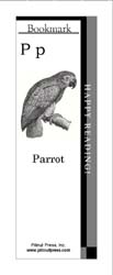 This bookmark depicts the letter P and a parrot.