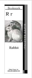 This bookmark depicts the letter R and two rabbits.