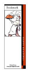 This bookmark depicts a pleased chef carrying a roast turkey to the table.