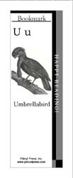 This bookmark depicts the letter U and an Umbrellabird.